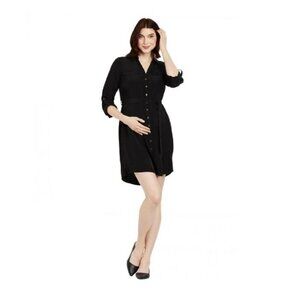 Motherhood Maternity Black Button Front Shirt Dress Roll Tab Sleeve Size M